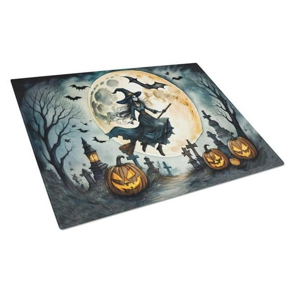15 x 12 in. Unisex Flying Witch Spooky Halloween Glass Cutting Board - Large