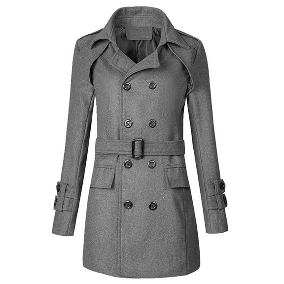 QHFBli Mens Classic Trench Coat Men's Double Lapel Mid-Length Windbreaker Woolen Jacket with Belt for Casual Grey XL
