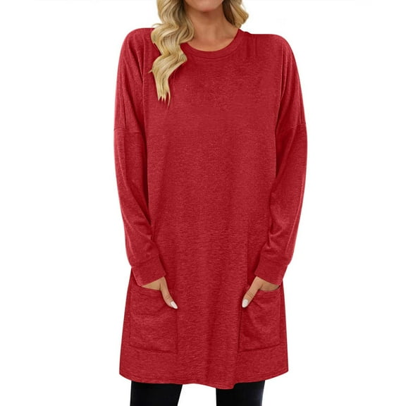 MaFYtyTPR Long Sleeve Tops for Women Women's Casual Crewneck Solid Color Comfortable Pullover Tops with Pockets Wine XL