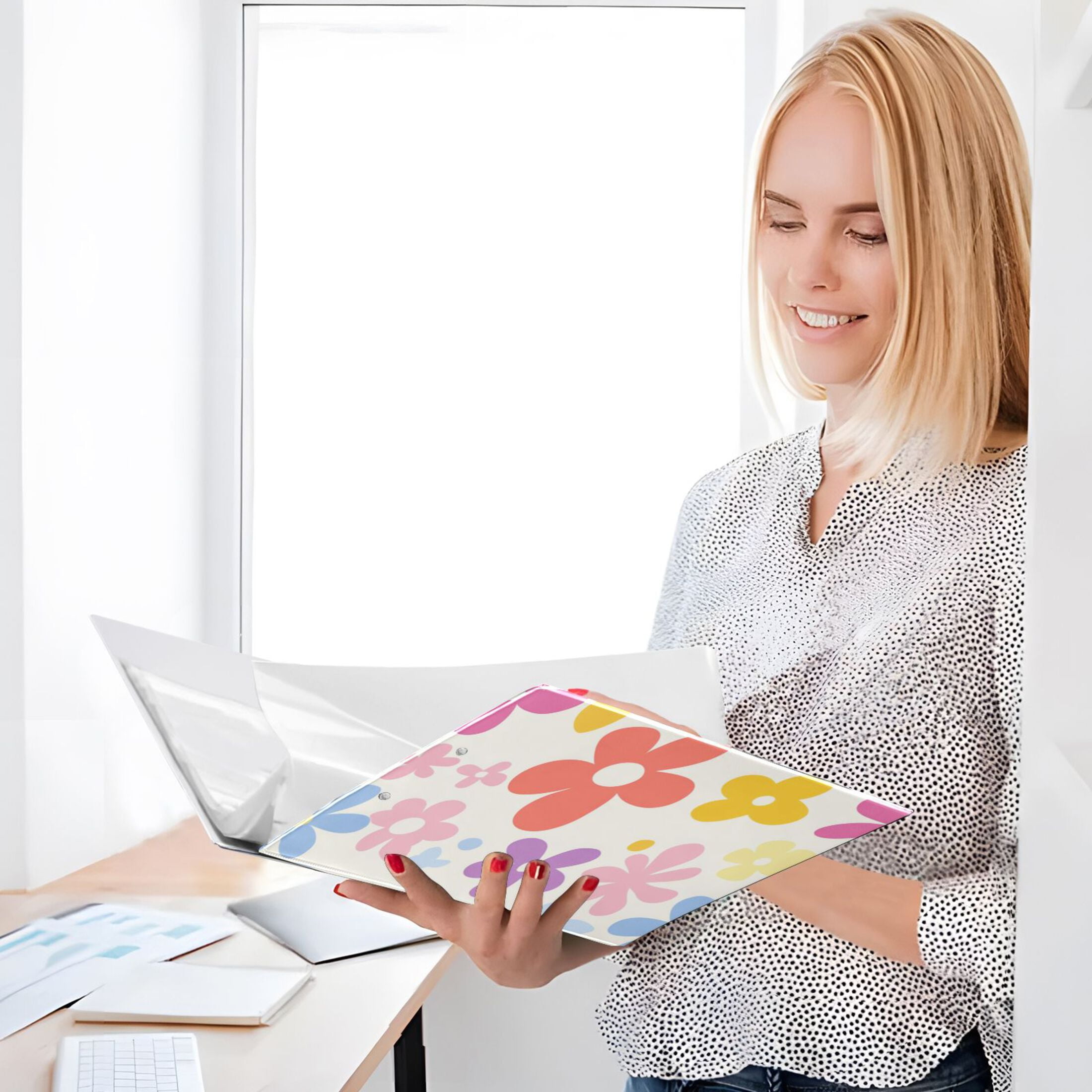 Colorful Cute Flowers Patte 12.4x10.6in PVC Round Ring Binder, D-Ring 3-Hole, Metal Clip, 200 Sheets