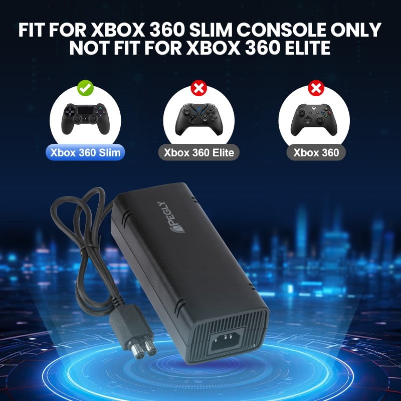 PEGLY AC Adapter for Xbox 360 Slim, Power Supply with Cord Replacement Charger Power Brick for Xbox 360 Slim Console