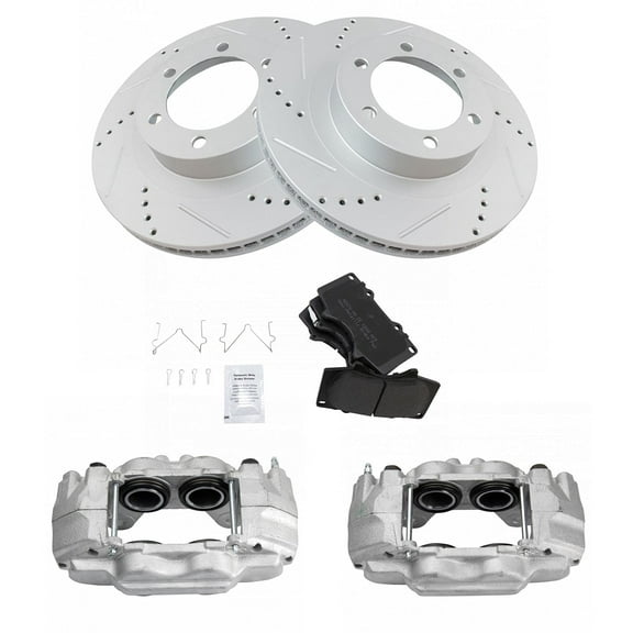 TRQ Front Performance Brake Pad & Rotor Kit Brake Caliper Brake Pads Brake Rotors Set Semi-Metallic Vented Premium G-Coated Fits Select 2003-2009 Lexus GX470 Toyota 4Runner