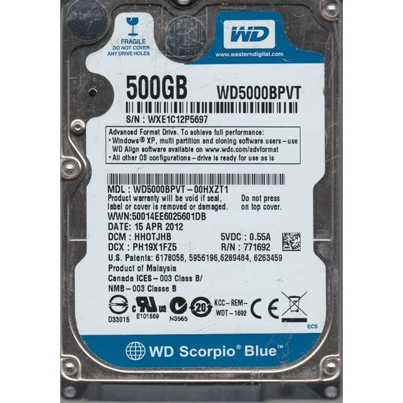 WD5000BPVT-00HXZT1, DCM HHOTJHB, Western Digital 500GB SATA 2.5 Hard Drive