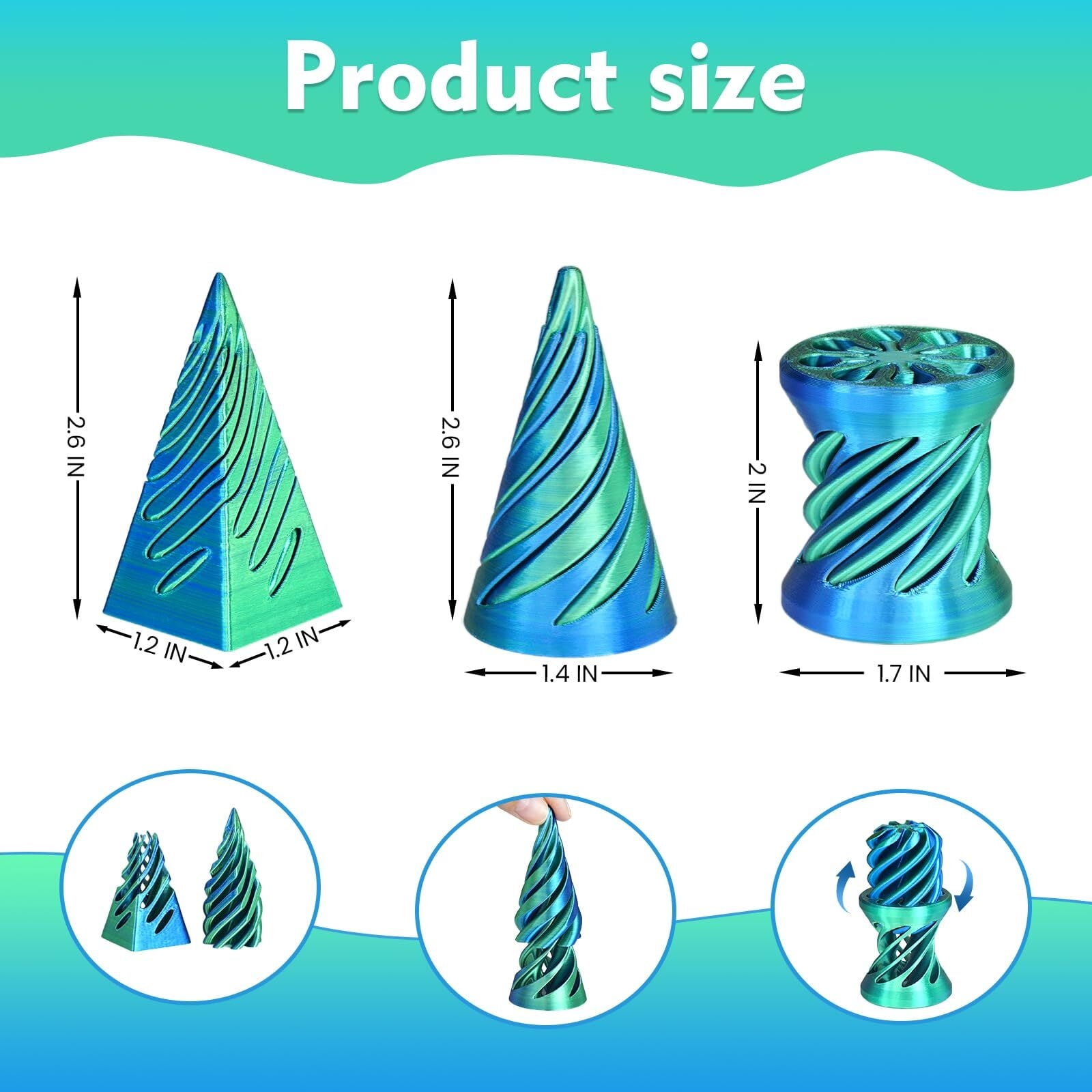 3PCS Impossible Cone,3D Printed Spiral Cone Fidget Impossible Pyramid Passthrough Sculpture,Stress Relieving Stocking Filler White Elephant Gifts