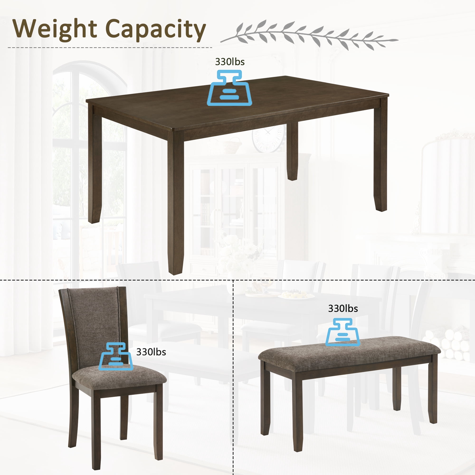 Gewnee Dining Set for 6,Farmhouse 6 Piece Dining Table Sets with Bench,Rectangle Wood Kitchen Table and 4 Upholstered Chairs.Dark walnut