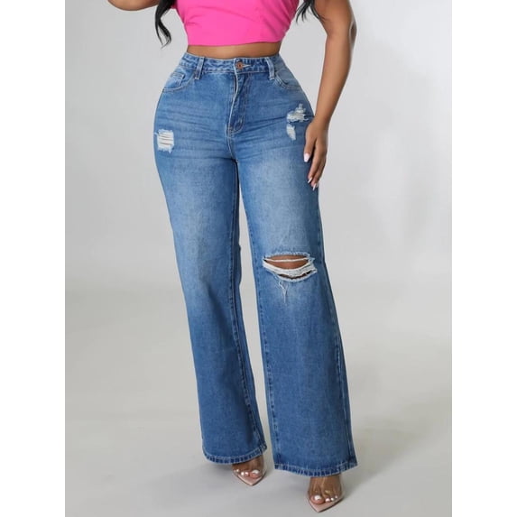 Lovelywholesale Women's Ripped Long Pants Straight Low Stretchy Jeans