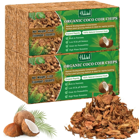 Halatool 4 Pcs Coconut Coir Chips for Plants - 4.4 LB 100% Organic Coco Husk Chip Bricks with Low EC and pH Balanced, Compressed Coco Substrate Growing Mulch Medium for Garden Herbs, Plants, Flowers