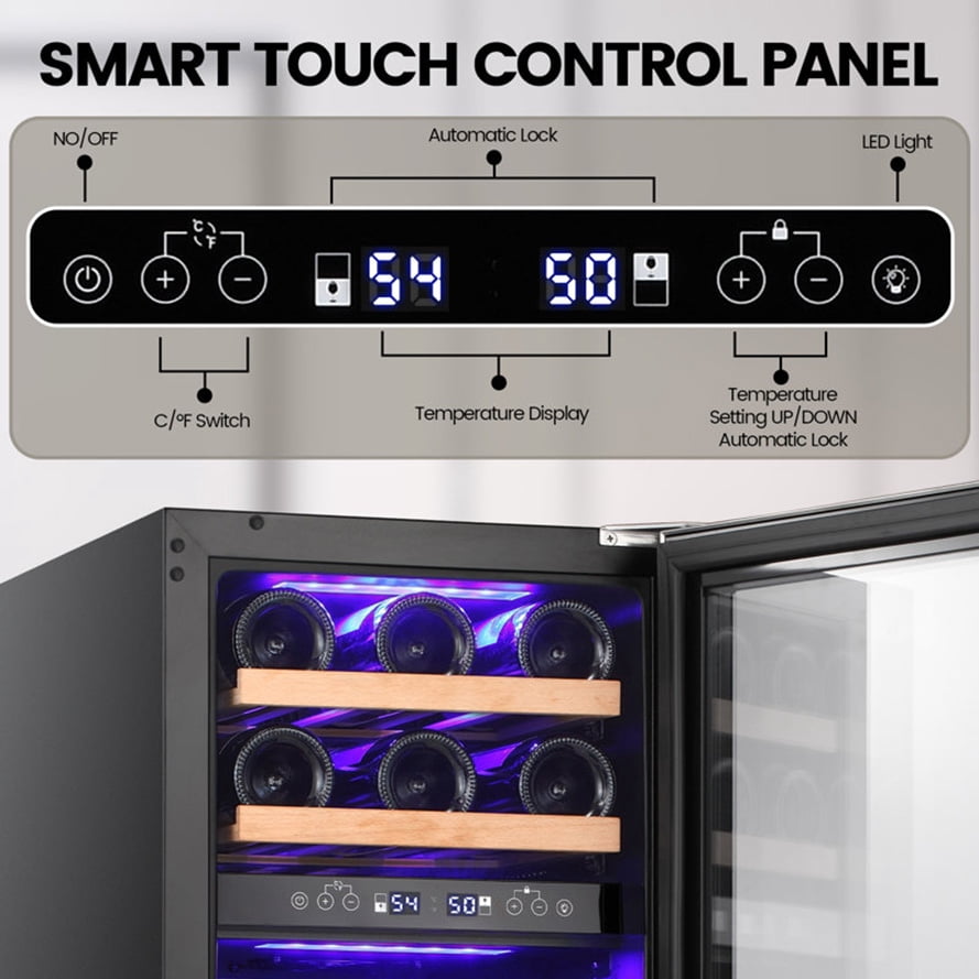 KNDKO 15" Wine Cooler Refrigerator, 28 Bottles Dual Zone Freestanding Fridge with Stainless Steel & Double-Layer Tempered Glass Door