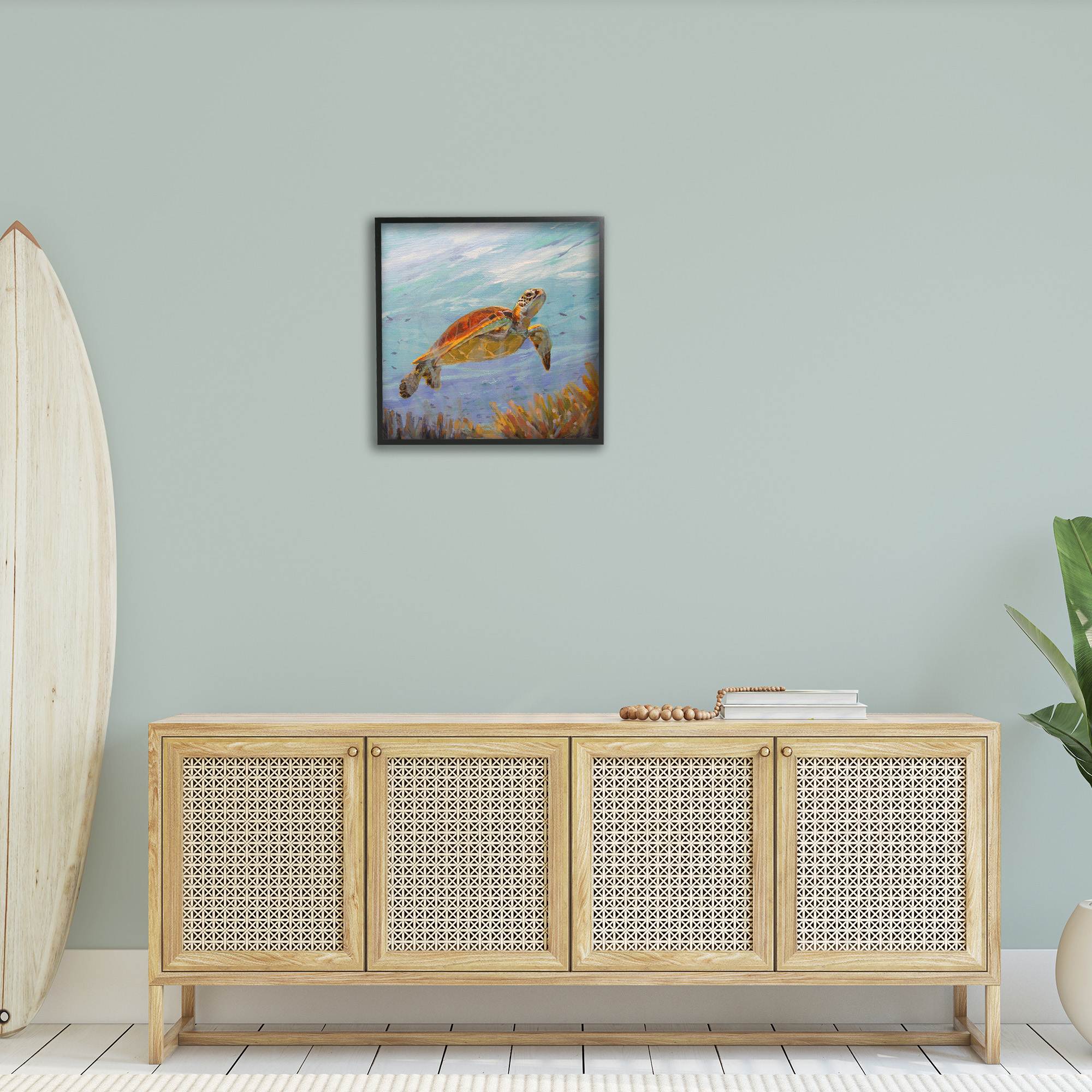 Stupell Industries Turtle Among Coral Reef Animals & Insects Painting Black Framed Art Print Wall Art, 24 x 24
