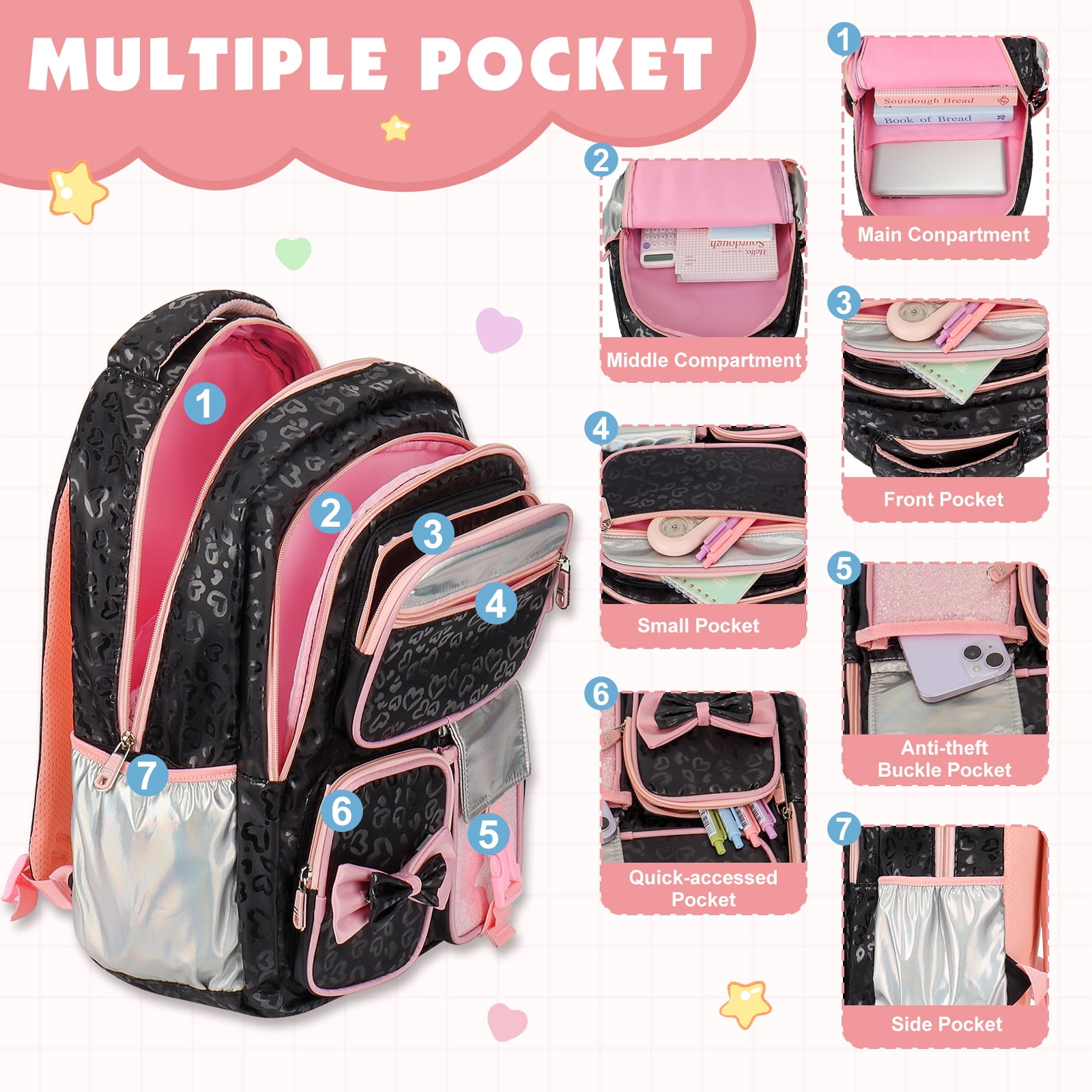 DAKIMOE School Backpack for Teens Cute Girlish Middle High School Bookbag Large Capacity Lightweight Waterproof Daypack for College Students, Black and Pink