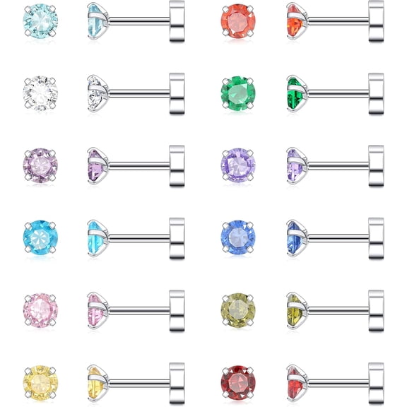 Stainless Steel Flat Back Stud Earrings for Women Screw Back Twist Cartilage Earring Surgical Steel Colorful CZ Earrings 20g 3mm[q875]