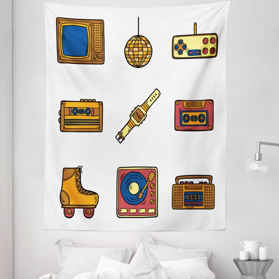 Mustard Navy Tapestry, Cartoon Illustration with Old Fashioned Technology Lifestyle Theme Nostalgic Art, Fabric Wall Hanging Decor for Bedroom Living Room Dorm, 5 Sizes, Mustard Navy, by Ambesonne