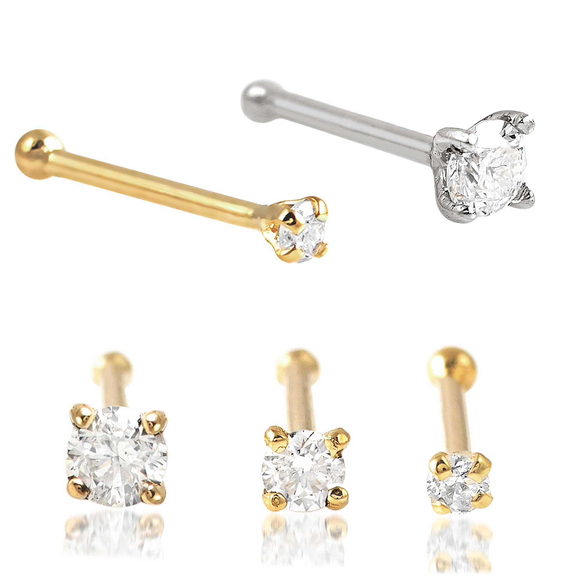 22G-6 mm 14K Solid Yellow Gold  Jeweled Crystal Prong-Set Ball End Nose Stud 