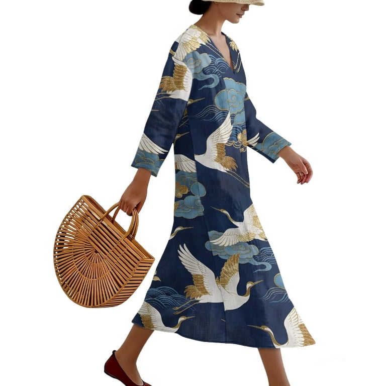 Renewold Navy Gold Crane Cloud Print Womens Trendy Vacation Dresses Linen-Look Polyester Caftan for Women Oriental Graphic Leisure Dress Bathing Suit Cover Up, L