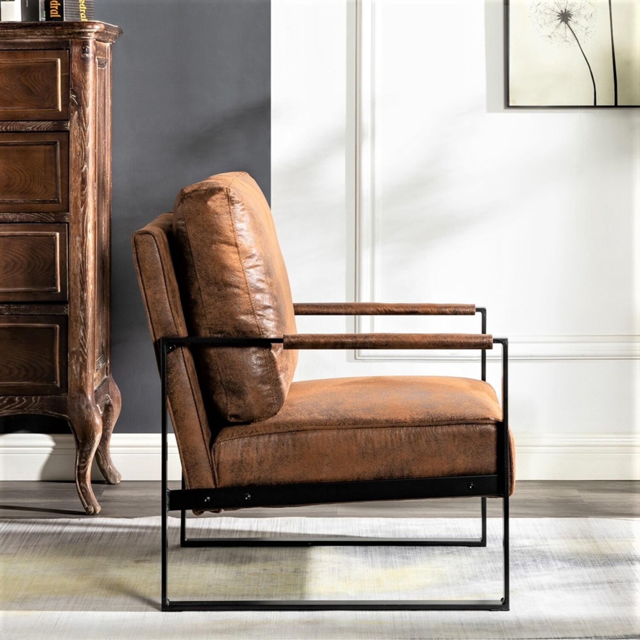GDF Studio 25.4" Mid-Century Modern Accent Chair with Square Metal Frame, Microfiber Upholstery, Brown Yellow