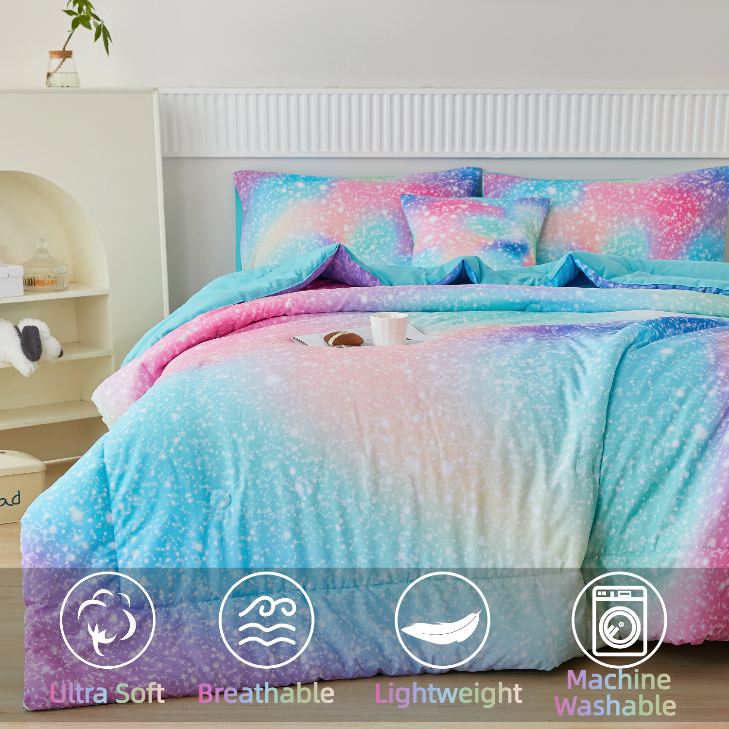 PERFEMET Kids Twin Comforter Set 6-Piece Rainbow  Bedding Set for Girls Teal Pink Galaxy Glitter Star Bed in a Bag for All Season(Rainbow,Twin)