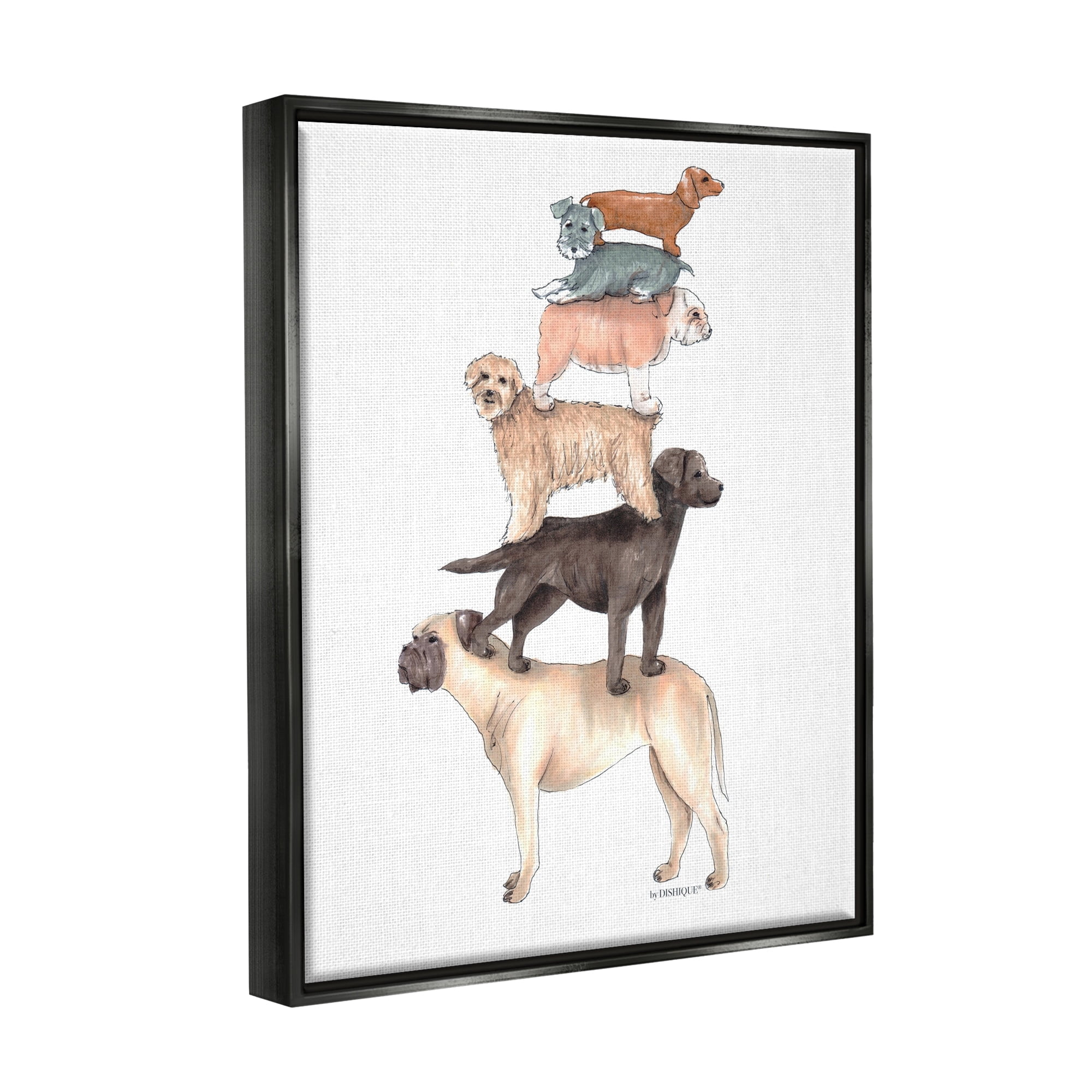 Stupell Industries Mixed Stacked Dog Breeds Standing Balancing Illustration Graphic Art Jet Black Floating Framed Canvas Print Wall Art, Design by Dishique