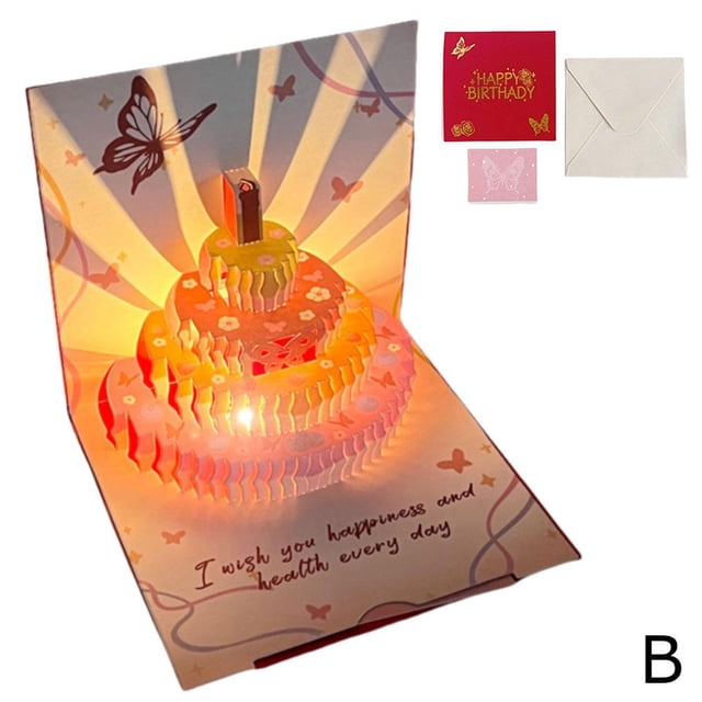 Music Light Cartoon Butterfly Ins Birthday Gift Creative Greeting Card Three-Dimensional Greeting Card 3D Cake Blessing Card
