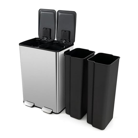 Dual Compartment Trash Can, 16 Gal Stainless Steel Step Trash Bin w/ Soft Close, Removable Buckets & Deodorizer Compartments for Kitchen, Bathroom, Office