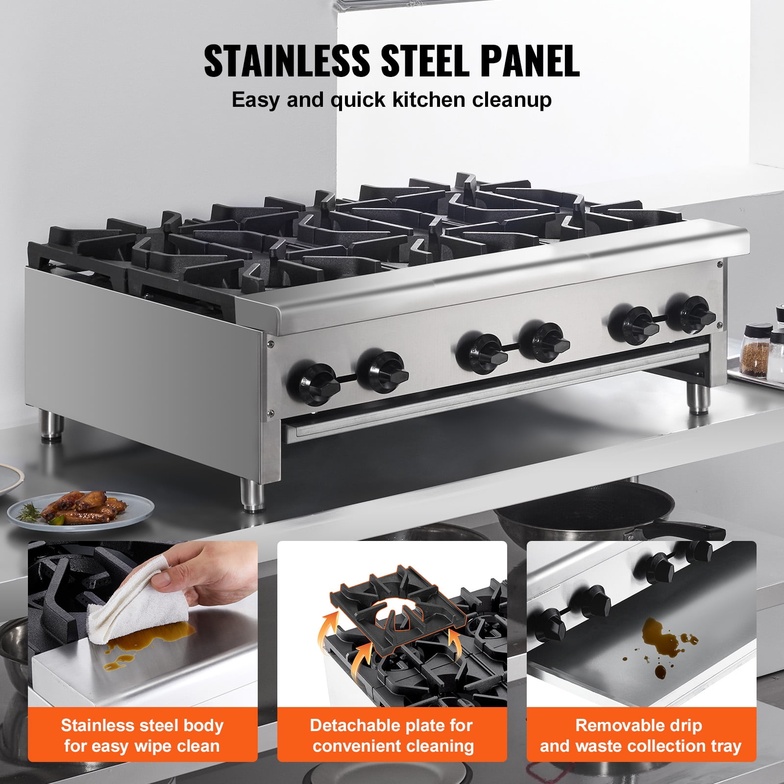 KFFKFF Gas Range for Commercial Kitchens, 6-Burner Countertop Model, Dual Fuel - Propane or Natural Gas, Made of Stainless Steel, Ideal for Restaurants, 168,000 BTU
