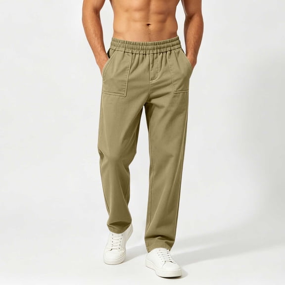 BADHUB Mens Chino Pants Straight Fit Drawstring Pant Lightweight Flat Front Loose Fit Trousers with Pockets Khaki M