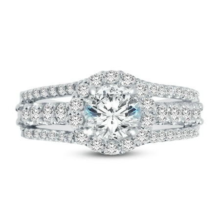 - 14k White Gold Round 3 Row Split Shank Floating Halo Solitaire Engagement Ring CZ Cubic Zirconia (2.50cttw., 1.0ct. Center) , Size 7