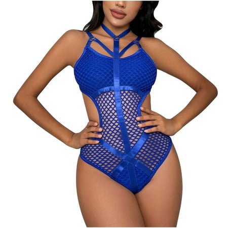 Shapewear Bodysuit for Women Plus Size Lingerie Womens Underwear Women Hanging Neck Mesh Splicing Jumpsuit Feminine Halter Mesh Stitching Blue L