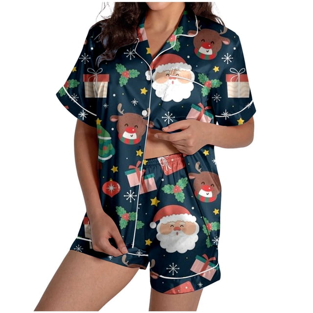 GPOECD Ladies Christmas Tree Printed Silk Satin Short Sleeve Button Front Sleepwear Pajama Set Navy,M