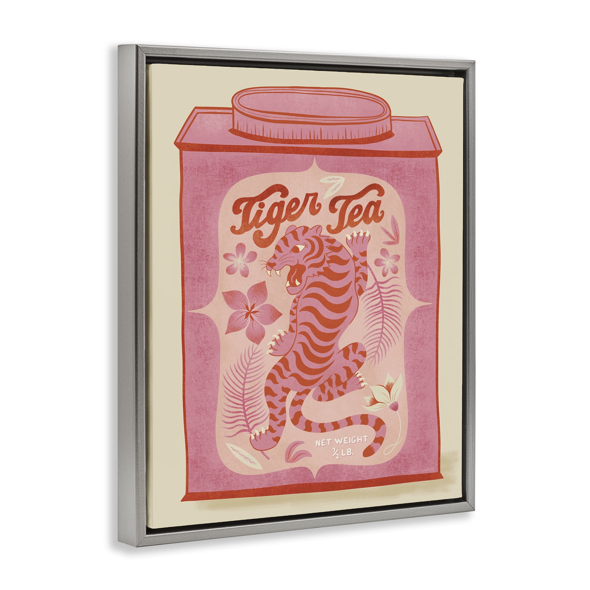 Stupell Industries Tiger Tea Tropical Tin Food & Beverage Painting Gray Floater Framed Canvas Art Print Wall Art, 17 x 21
