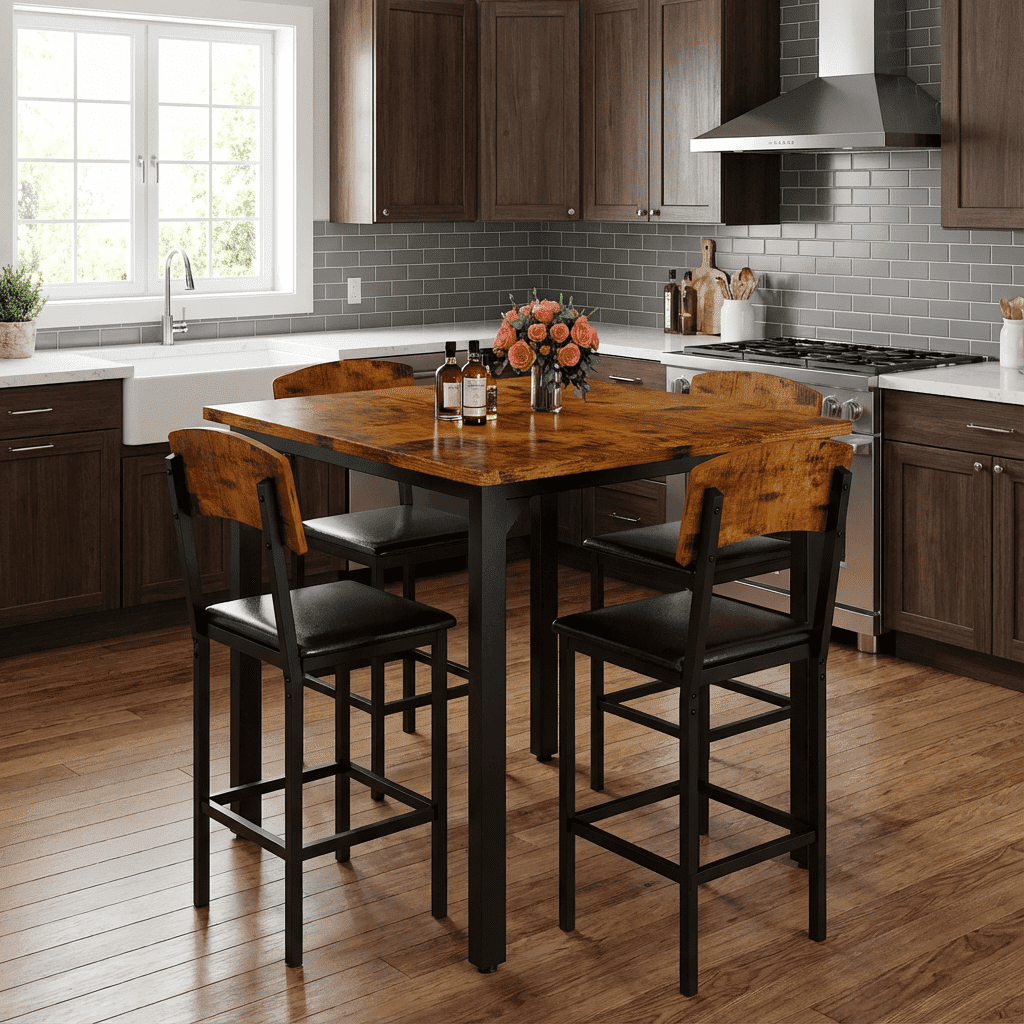 BAXLUXE 5 Piece Dining Table Set High Top Wood Dining Table Set for 4 Counter Height Small Kitchen Table With 4 PU Leather Upholstered Chairs,Small Dining Set for Bar Dining Room Breakfast