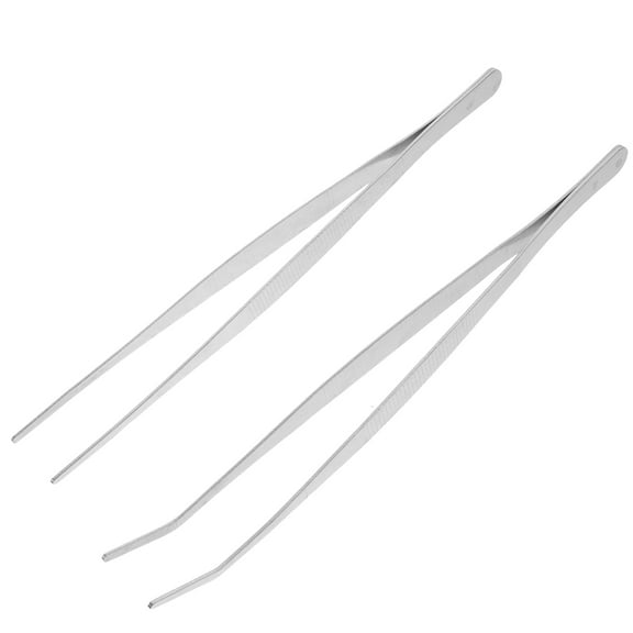 TEHAUX 2Pcs Straight and Curved Stainless Steel Tweezers for Angled Feeding and Craft Work Silver