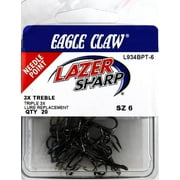 Eagle Claw Lazer Sharp 3X Treble Regular Shank Round Bend Fishing Hooks, Black, Size 6, (20 Pack)
