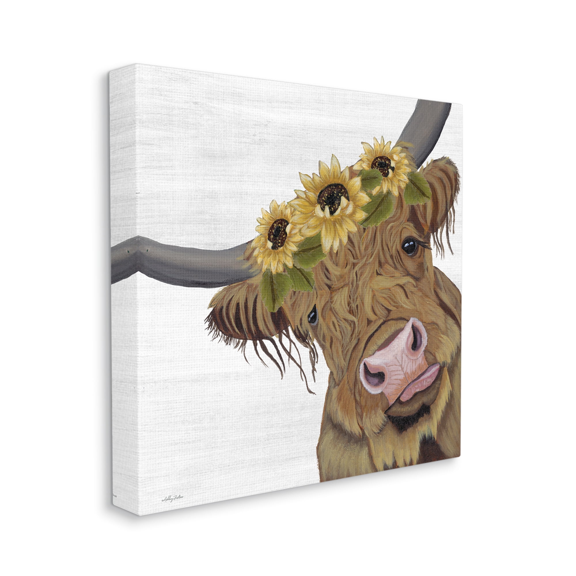 Stupell Cute Highland Cattle Sunflower Crown Animals & Insects Painting Gallery Wrapped Canvas Print Wall Art