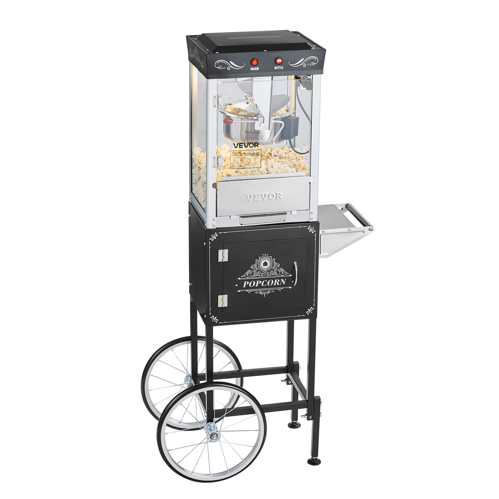 VEVOR Popcorn Machine with Cart, 8oz Stainless Steel Kettle, 800W Commercial Popcorn Maker, 48 Cups per Batch Theater Style Popper, with 2-Button Control Glass Wall PC Door 1 Scoop 3 Spoons, Black