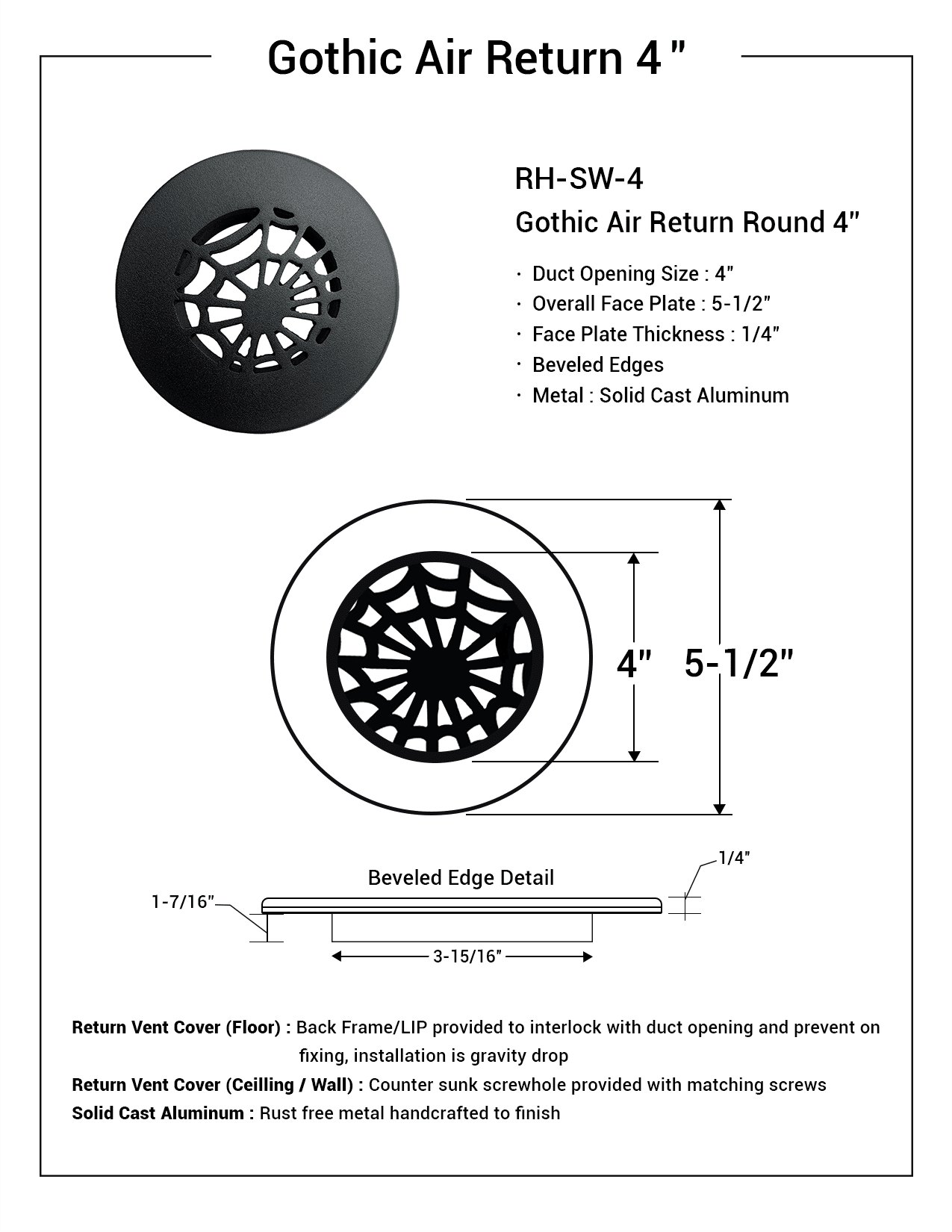 Spooky Gothic Round Vent cover 4" Duct Opening (Overall 5-1/2") Spider Web Design Solid Cast Aluminium Register