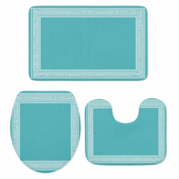Turquoise Bath Mat 3 Piece Bathroom Rug Set, Geometric Boho Ethnic Tile Chic Monochrome Non Slip Bath Rug Contour Mat and Toilet Lid Cover, Absorbent Shower Mats Soft Bath Rugs and Mats Sets