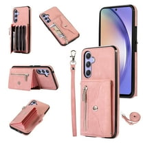 RFID BLOCKING Wallet Case for Samsung Galaxy S25 with Card Holder, Zipper Pocket Kickstand Function Shockproof Purse Phone Cover with Removable Shoulder Strap & Wrist Strap, Rosegold