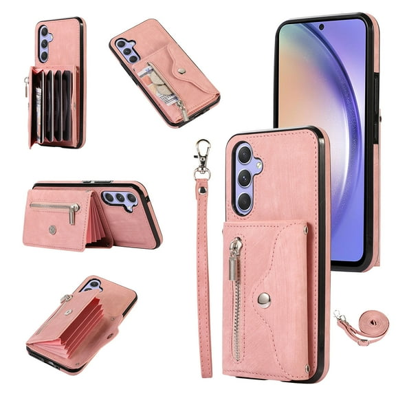 for Samsung A25 5G Case with Zipper Card Holders and Crossbody Strap & Short Belt for Women, RFID Blocking PU Leather Button Flip Shockproof Wallet Case Cover for Galaxy A25 5G - Rosegold