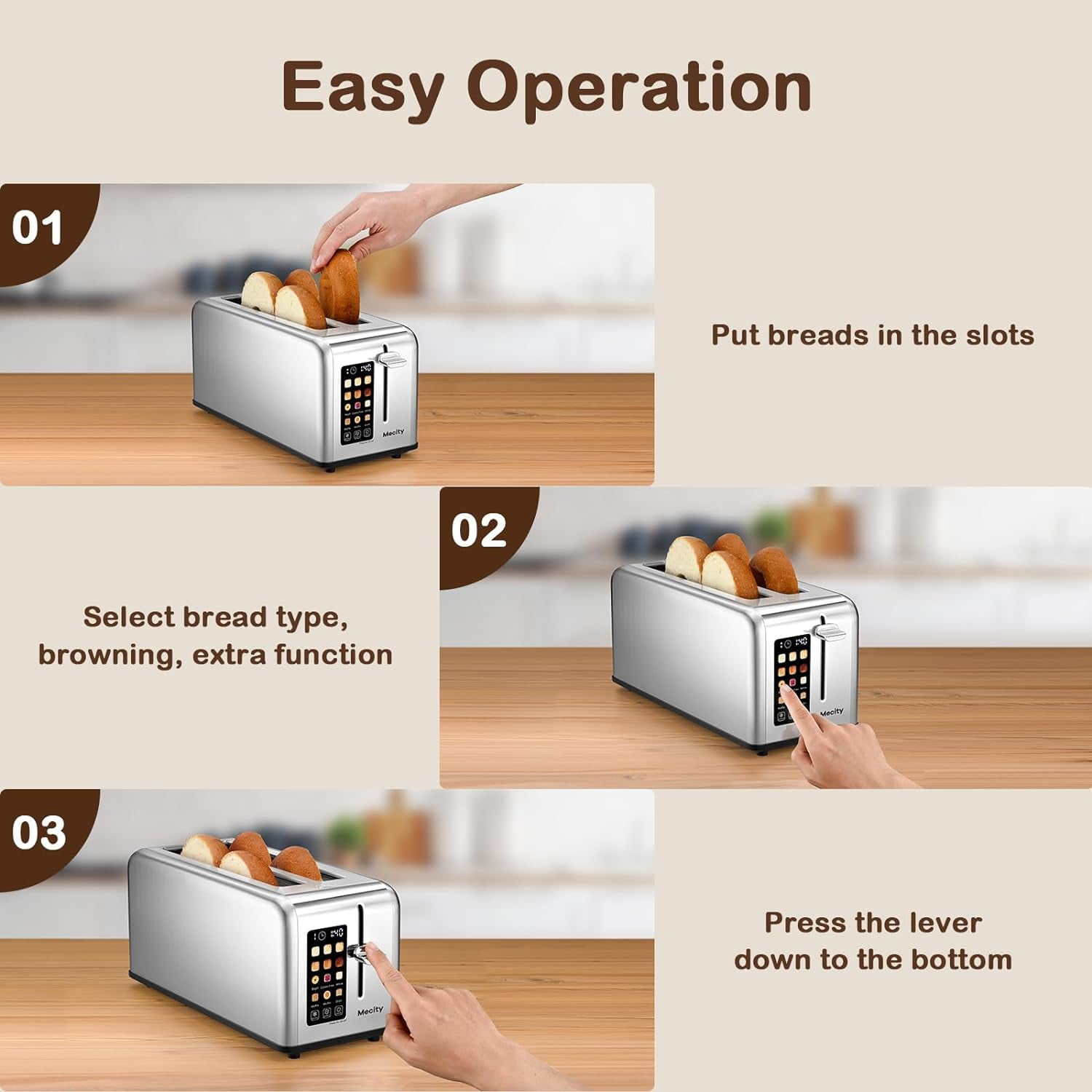 4 Slice Toaster Touch Screen 1.5" Long Slot, Stainless Steel Smart Bread Toaster for Bagel Muffin Waffle Gluten Free Breads, Timer, Defrost, Reheat, 120V 1400W