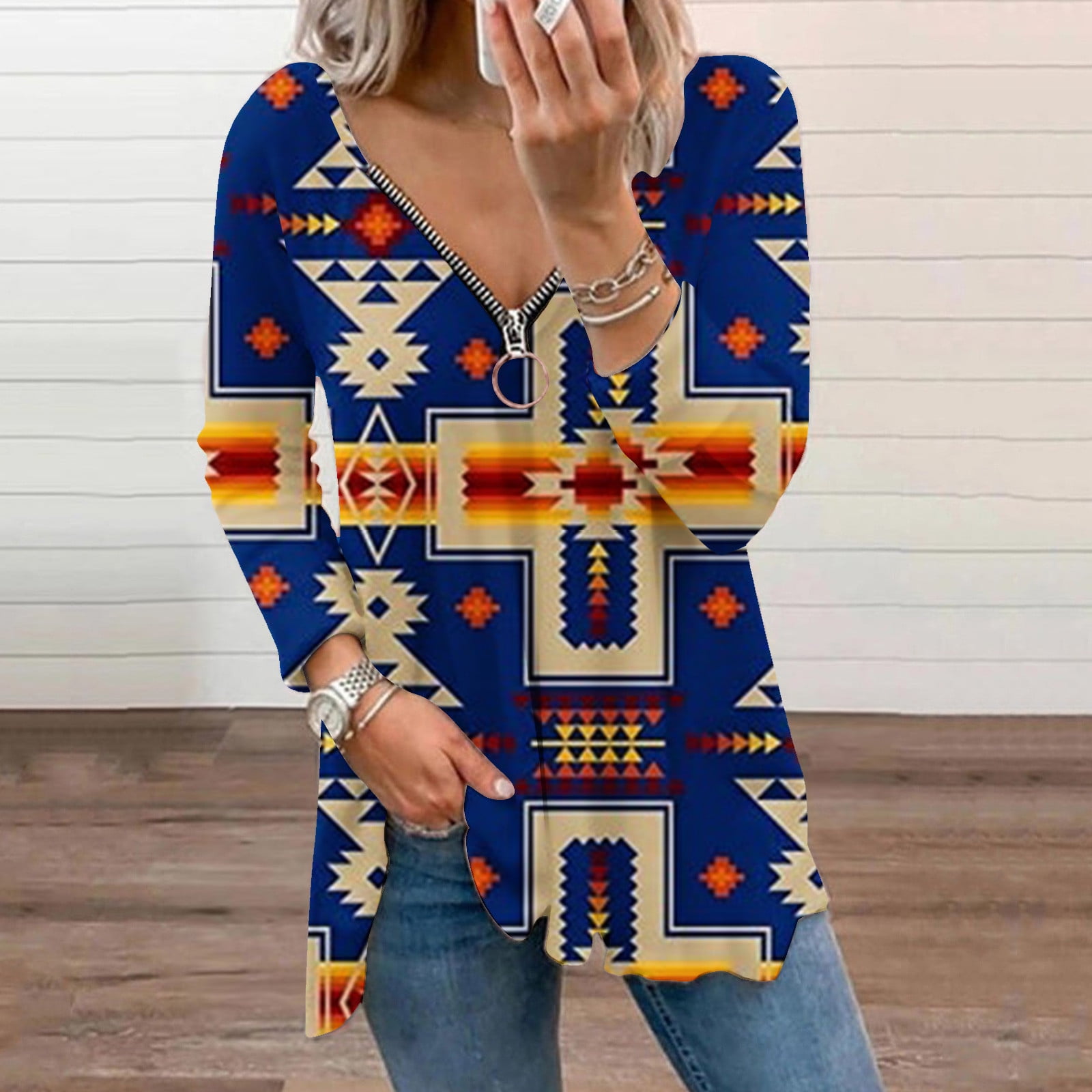 HAPIMO Rollbacks Women's Fashion Shirts Cozy Casual Sweatshirt Long Sleeve  Blouse T-Shirt Clothes for Women Vintage Western Ethnic Graphic Print Tops  Zip V-Neck Pullover Dark Blue XXL 