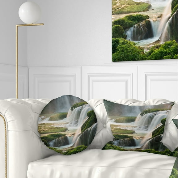 Designart Detian Waterfall - Landscape Photography Throw Pillow - 12x20