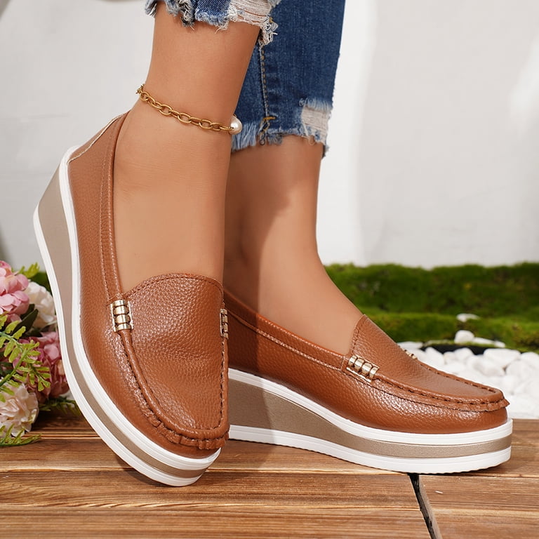 comfy brown dress shoes Loafers for Women Round Toe Leather Platform Wedges Casual Slip on Business Work Ladies Walking Shoes Size 8.5 Convenient buckle strap design collection: embellished Dress blues, e.g. - Colors:Black Pink