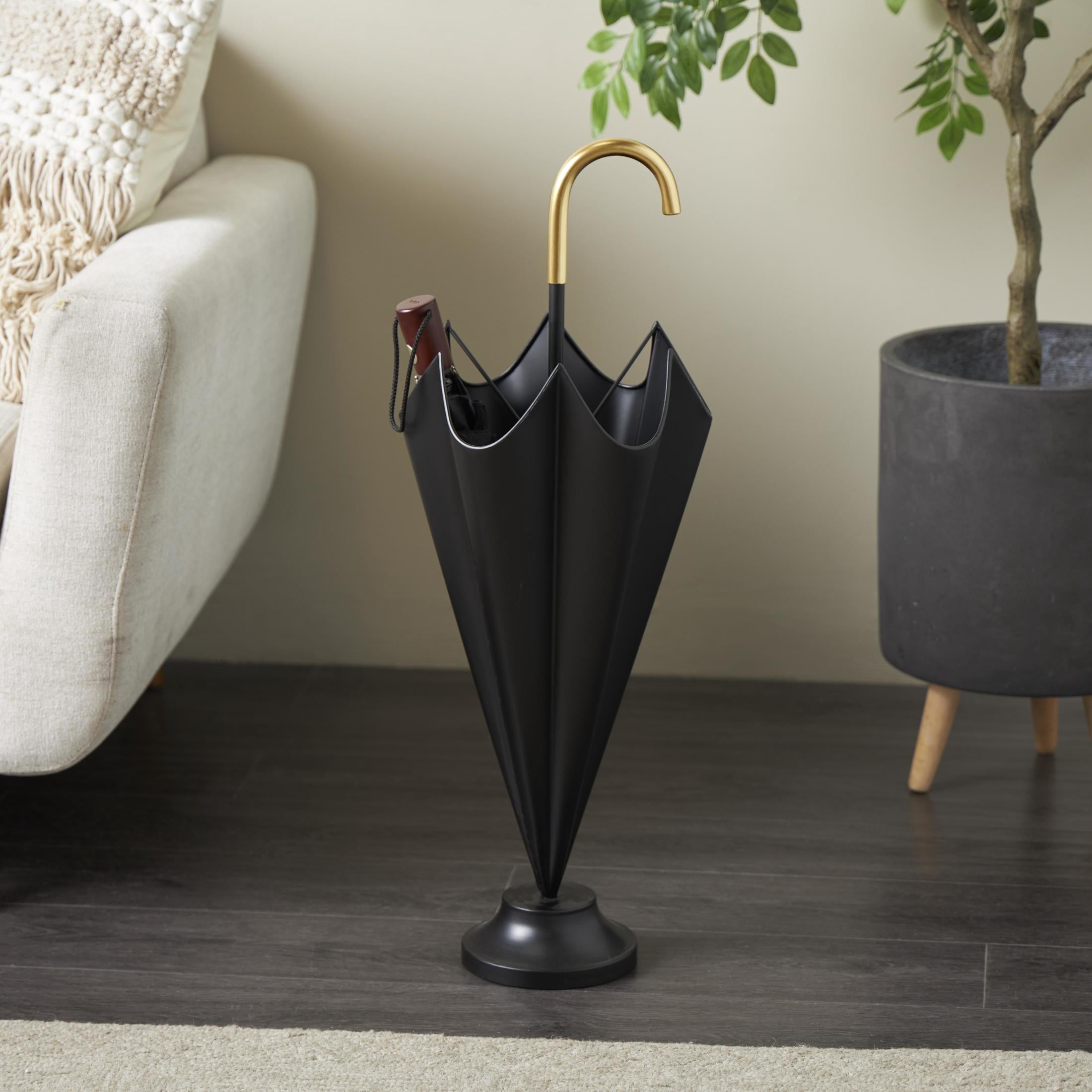 DecMode Black Metal Umbrella Stand with Gold Handle and Ball Details