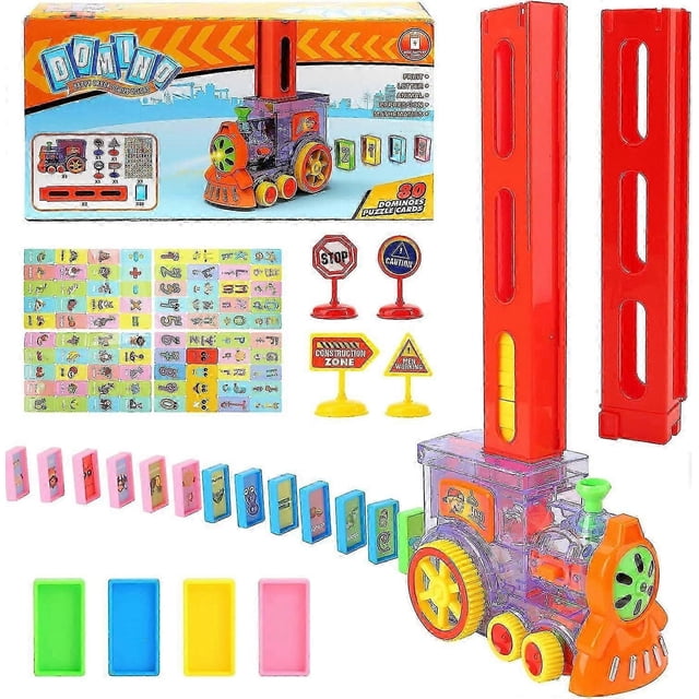Domino Train Set, 80PCS Fun and Colorful Domino Rally Train Building and Stacking Domino with 2PCS Domino Sleeve for Boys and Girls Age 3-8 Kids Creat