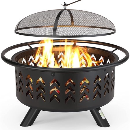QOMOTOP Outdoor Fire Pit, 36 in Large Steel Wood Burning Fire pits with Spark Screen and Fireplace Cover, for Patio Party & Bonfire