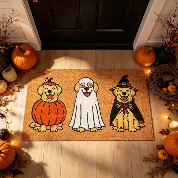 Halloween Dog Welcome Doormat, Cute Puppy Pumpkin Ghost Witch Costume Entryway Floor Mat, Indoor Outdoor Holiday Decor