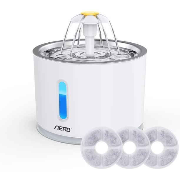 Fuente de Agua para Gatos y Perros Pequeños 2,5 L, Dispensador de Agua Silencioso para Gatos con 4 Filtros de Carbón Activado y Bandeja de Acero Inoxidable, Luz Nocturna LED