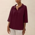 thumbnail image 2 of Lovskoo Summer Tops for Women 2024 Button Down Collared 3/4 Sleeve Solid Color Loose Button Blouse Casual Work Tunic Tops Burgundy, 2 of 9