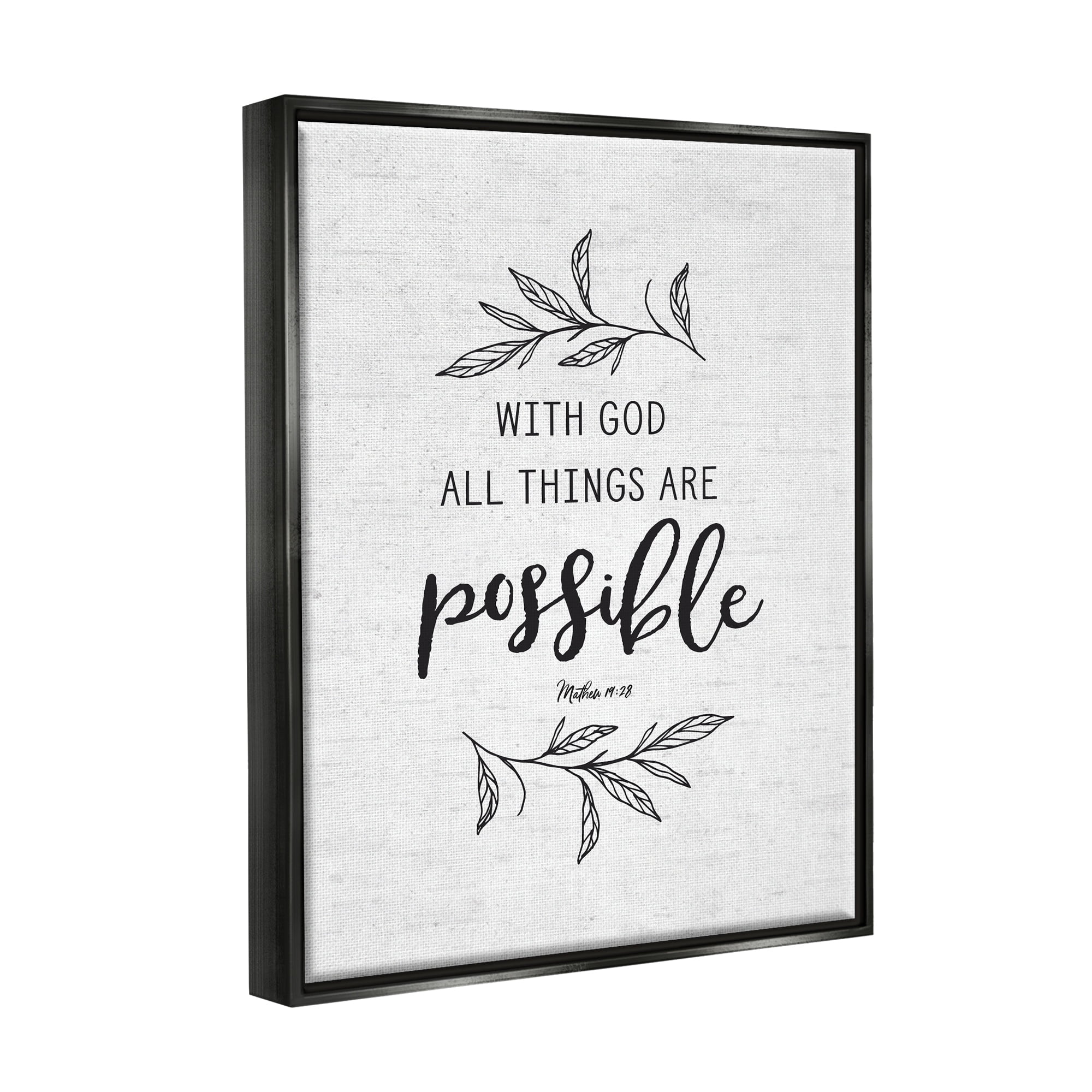 Stupell Industries Motivational Scripture Verse Phrase Botanical Leaf Sprigs Graphic Art Jet Black Floating Framed Canvas Print Wall Art, Design by Lettered and Lined