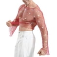 thumbnail image 3 of Mens Shirts, Men's Rhinestones Sparkle Fishnet Rave Tops Bell Sleeve Hollow Loose Sheer Festival Clubwear Shirts Streetwear, 3 of 5
